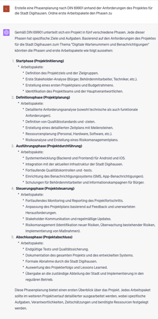 Prompt-Eingabe in ChatGPT zur Phasenplanung